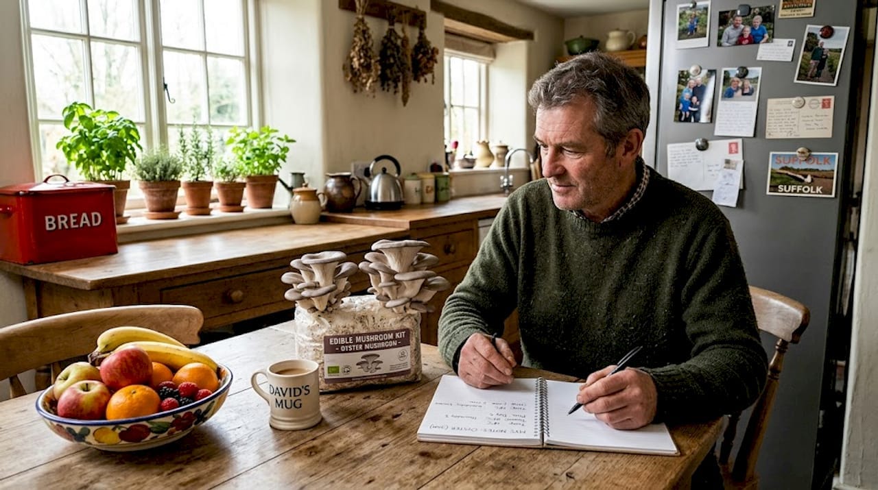 Grower observing mushroom growth in kitchen workspace