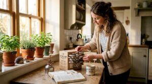 Woman inspecting oyster mushrooms on kitchen counter