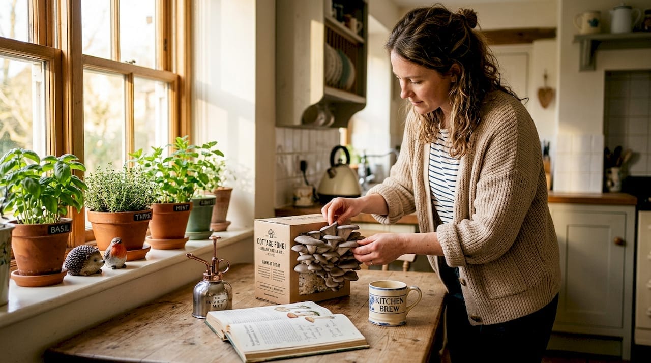 Woman inspecting oyster mushrooms on kitchen counter