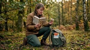Person consulting guide while mushroom foraging