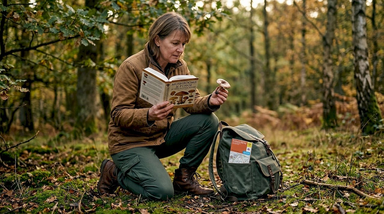 Person consulting guide while mushroom foraging