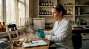 Scientist handling mushroom spores in lab