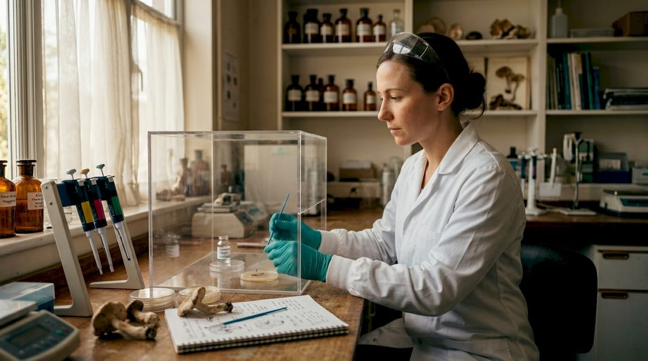 Scientist handling mushroom spores in lab