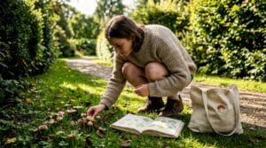 Student examines mushrooms in campus woodland