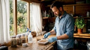 Grower preparing mushroom inoculation materials