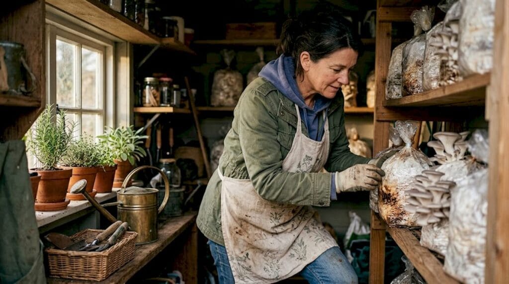 Home mushroom grower tending kitchen workspace