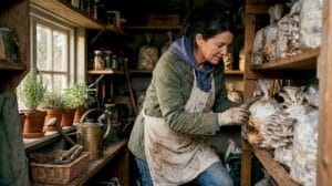 Home mushroom grower tending kitchen workspace