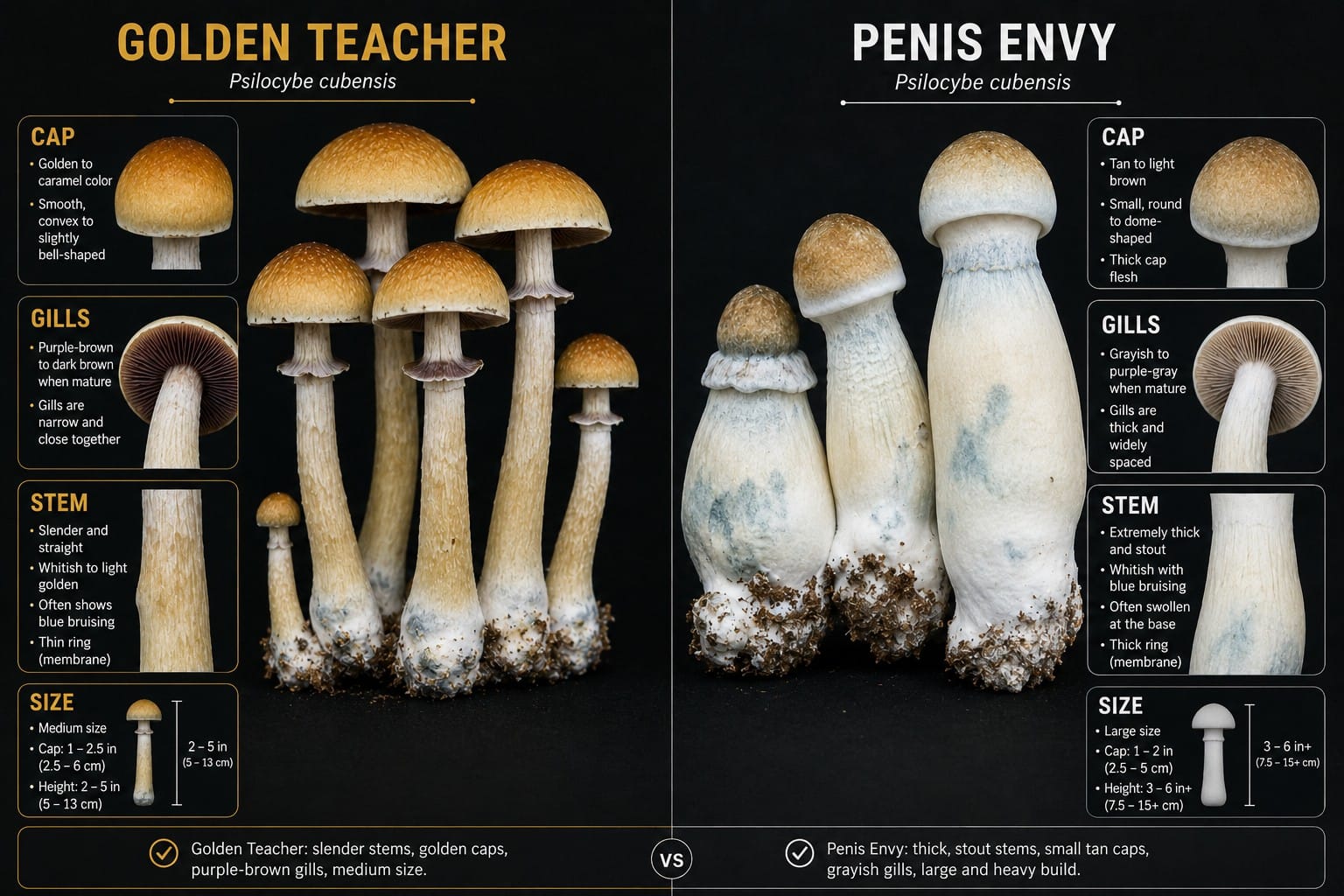 Golden Teacher vs Penis Envy mushroom morphology comparison chart