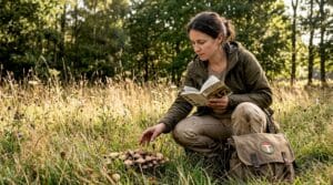 Woman referencing mushroom guide in forest clearing