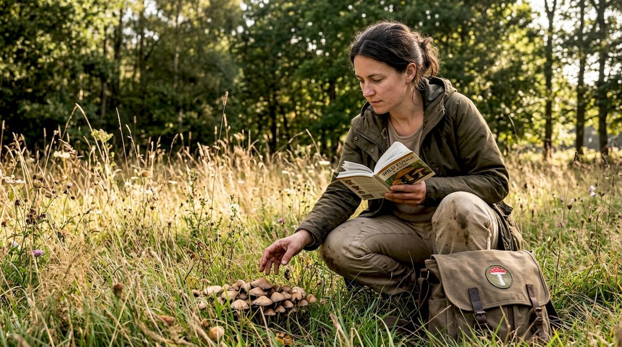 Woman referencing mushroom guide in forest clearing