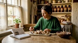 Woman sorting edible mushrooms at kitchen table