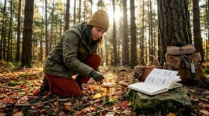 Naturalist studying mushrooms in forest clearing