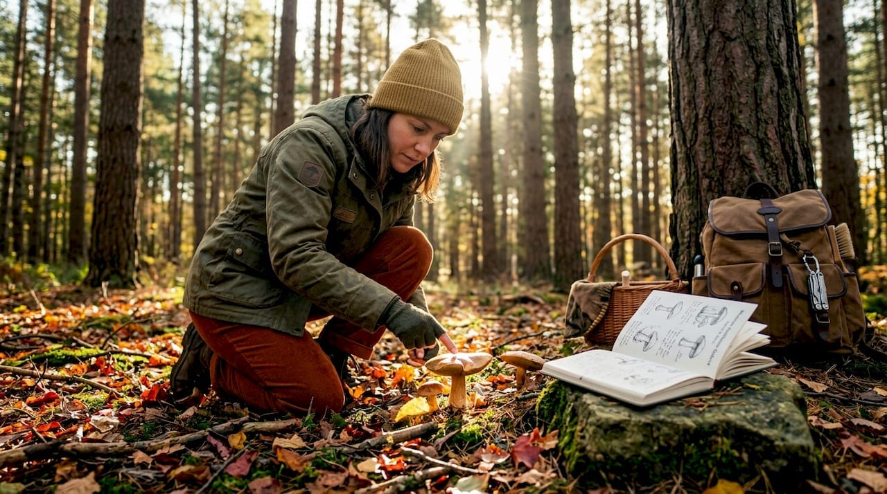 Naturalist studying mushrooms in forest clearing