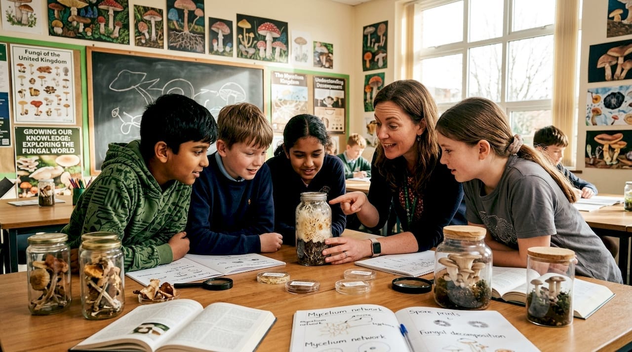 Students learning about mushrooms in classroom