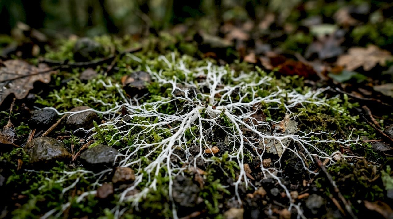 Close-up network of mushroom mycelium on soil