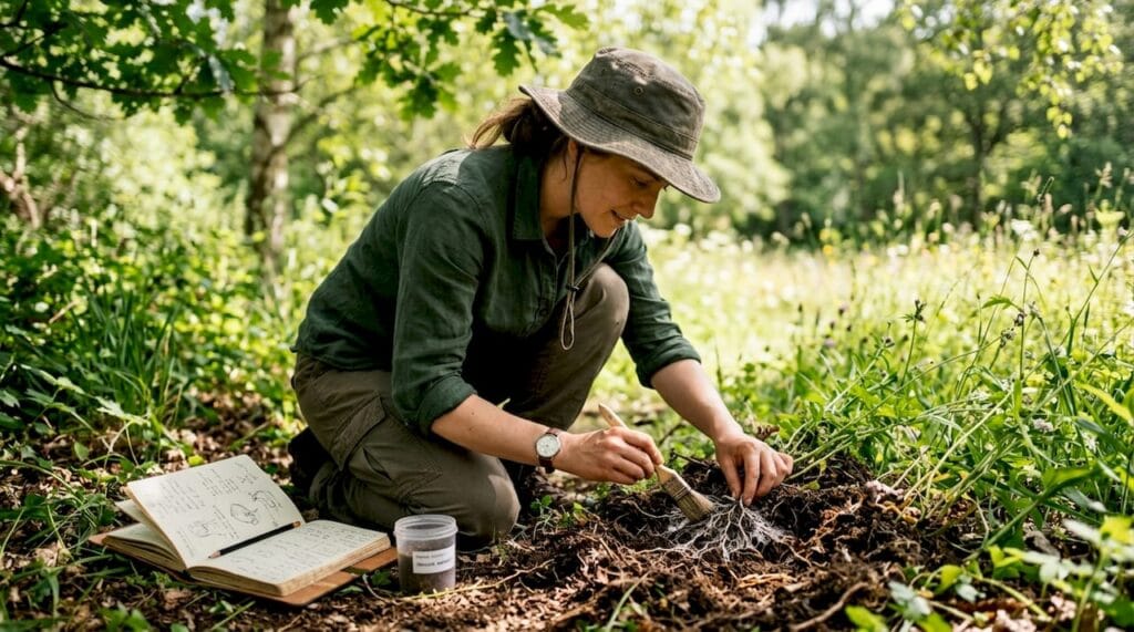 Botanist examining mushrooms with plant stems