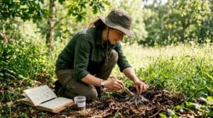 Botanist examining mushrooms with plant stems
