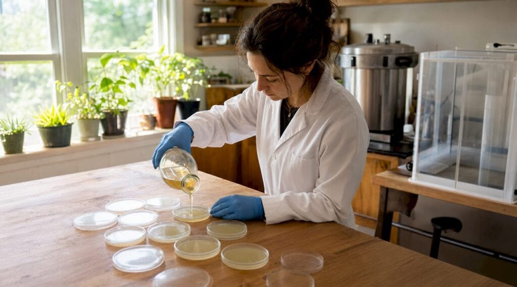 Mycologist preparing agar plates for mushroom growing