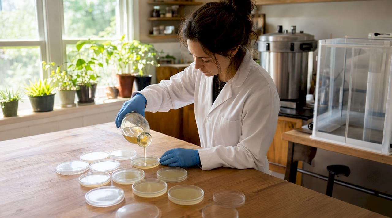 Mycologist preparing agar plates for mushroom growing