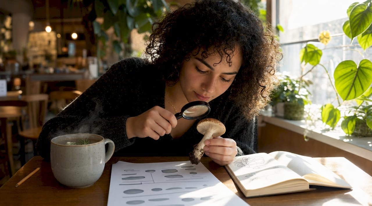 Person examining mushroom at home workspace