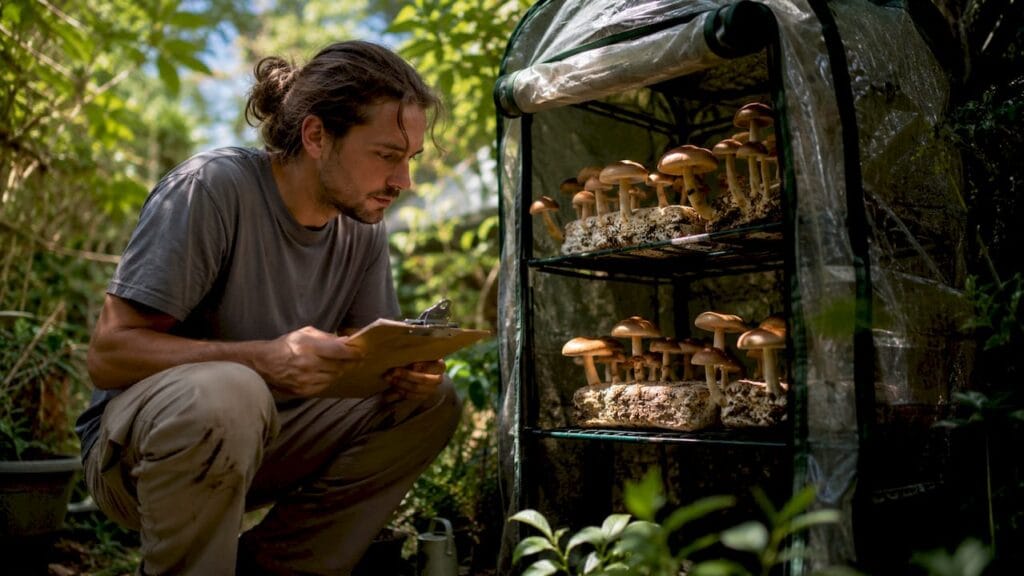 Grower inspecting mushroom spore production