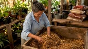 Woman mixing mushroom substrate in gardening shed
