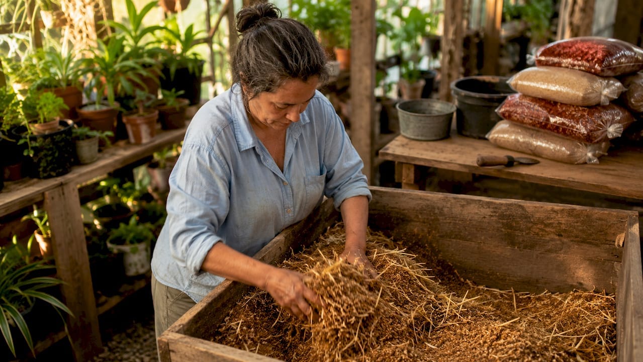 Woman mixing mushroom substrate in gardening shed