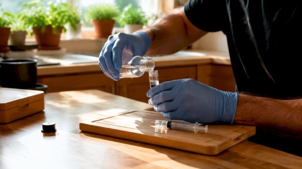 Hands preparing mushroom spore suspension