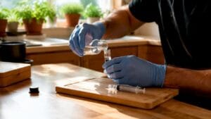 Hands preparing mushroom spore suspension