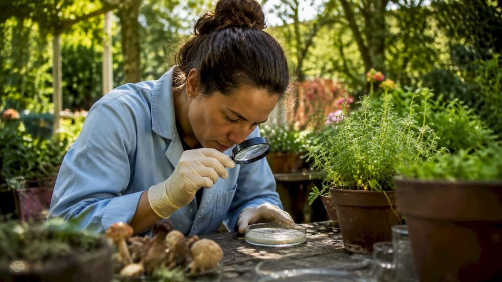 Mycologist inspecting mushroom spore culture in lab