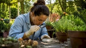 Mycologist inspecting mushroom spore culture in lab