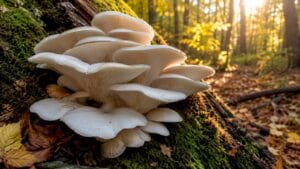 Close-up oyster mushrooms growing on tree outdoors