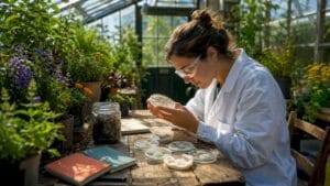 Scientist examining fungal cultures in lab
