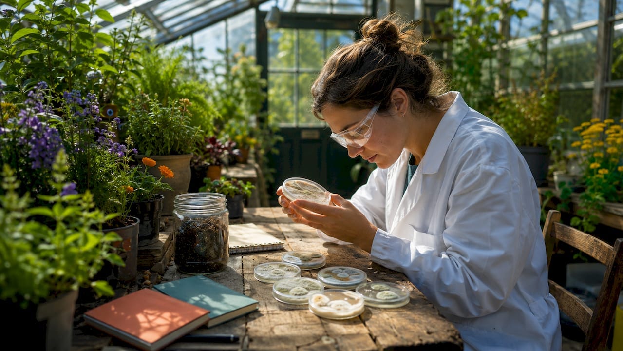 Scientist examining fungal cultures in lab