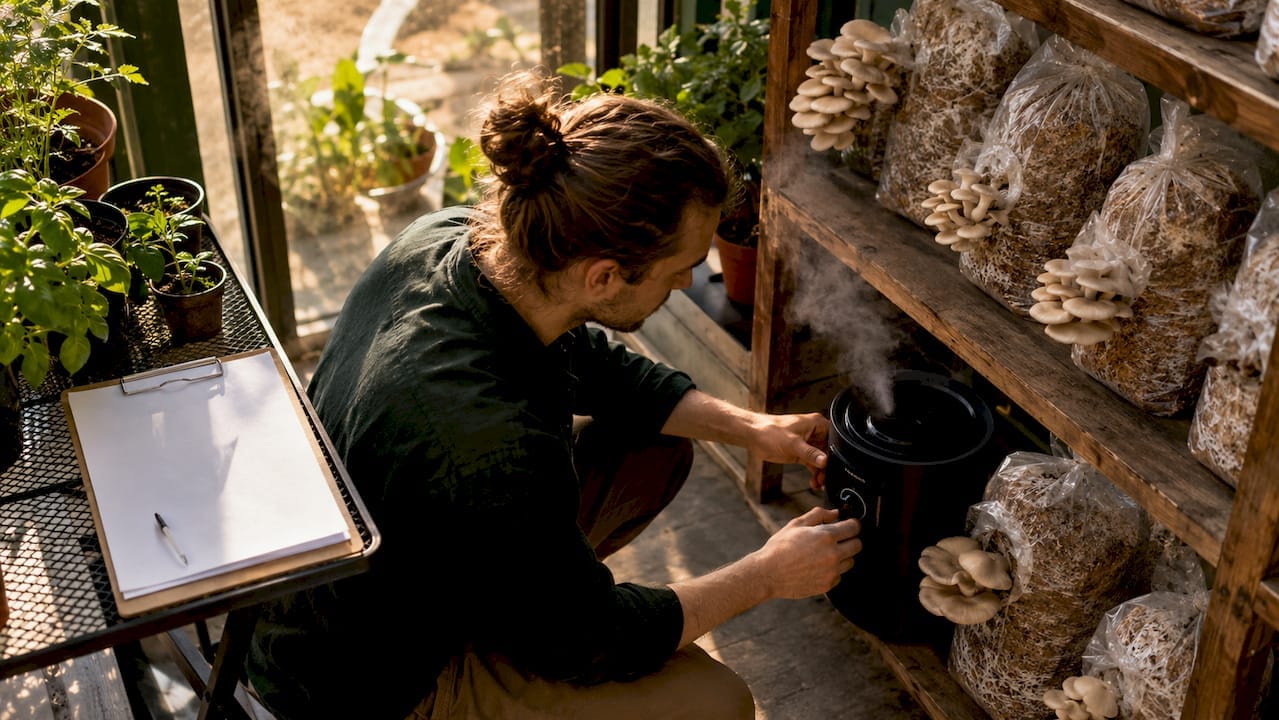 Grower adjusting humidifier in mushroom chamber