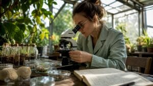 Scientist examining fungi under microscope