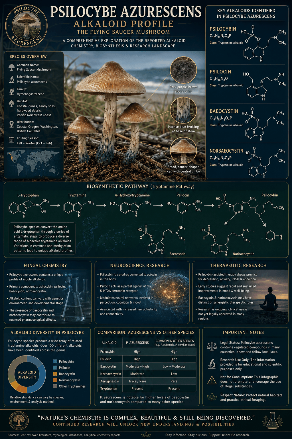 Psilocybe azurescens Alkaloid Profile Infographic Scientific infographic showing the reported alkaloid profile of Psilocybe azurescens including psilocybin psilocin baeocystin and norbaeocystin.
