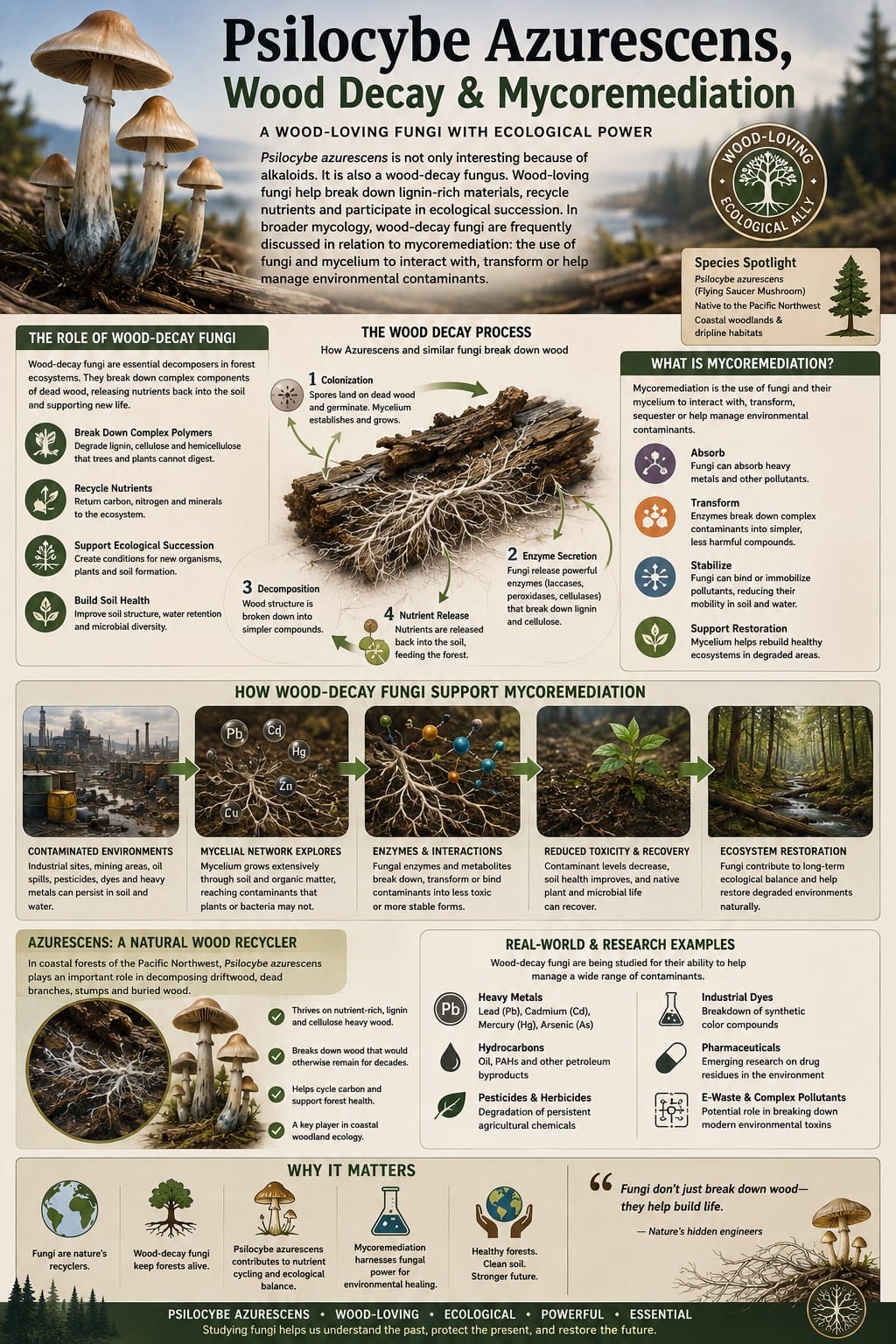 Psilocybe azurescens wood decay and mycoremediation infographic showing lignin breakdown, nutrient cycling, wood decomposition and environmental remediation processes