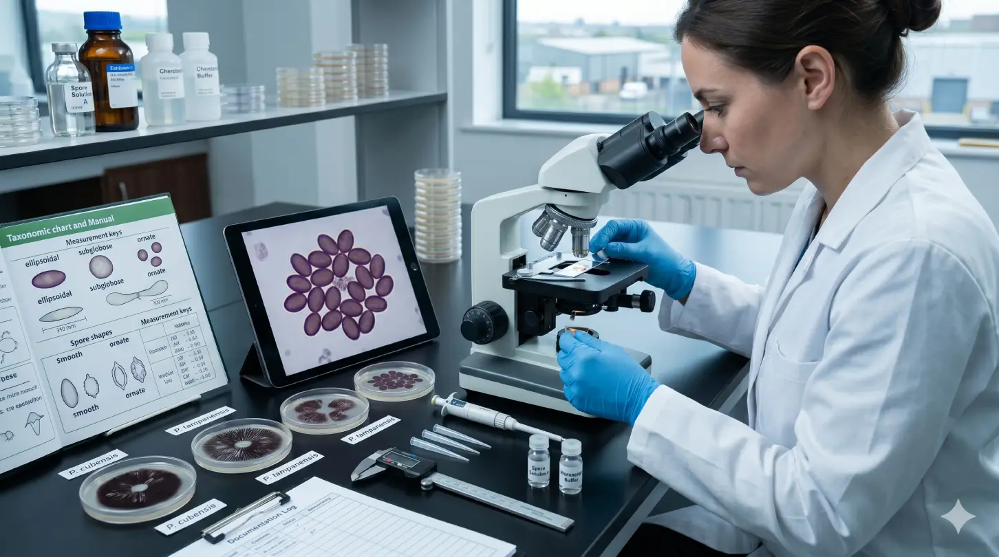 A detailed scientific photograph in a clean microbiology lab, featuring a researcher in blue nitrile gloves and a white lab coat using a compound microscope.