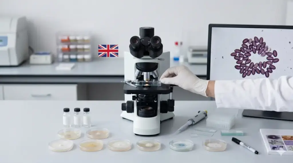 Focusing specifically on the legal, scientific study of various psilocybe cubensis strains under a microscope