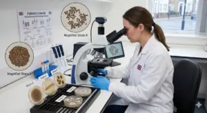 A researcher in a lab coat and gloves uses a compound microscope to compare distinct visual strains of Psilocybe cubensis spores.