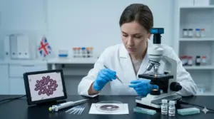 A step-by-step instructional photograph for a beginner's guide to mushroom spore microscopy in a UK lab.