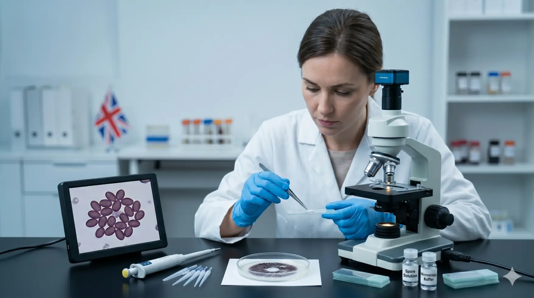 A step-by-step instructional photograph for a beginner's guide to mushroom spore microscopy in a UK lab.