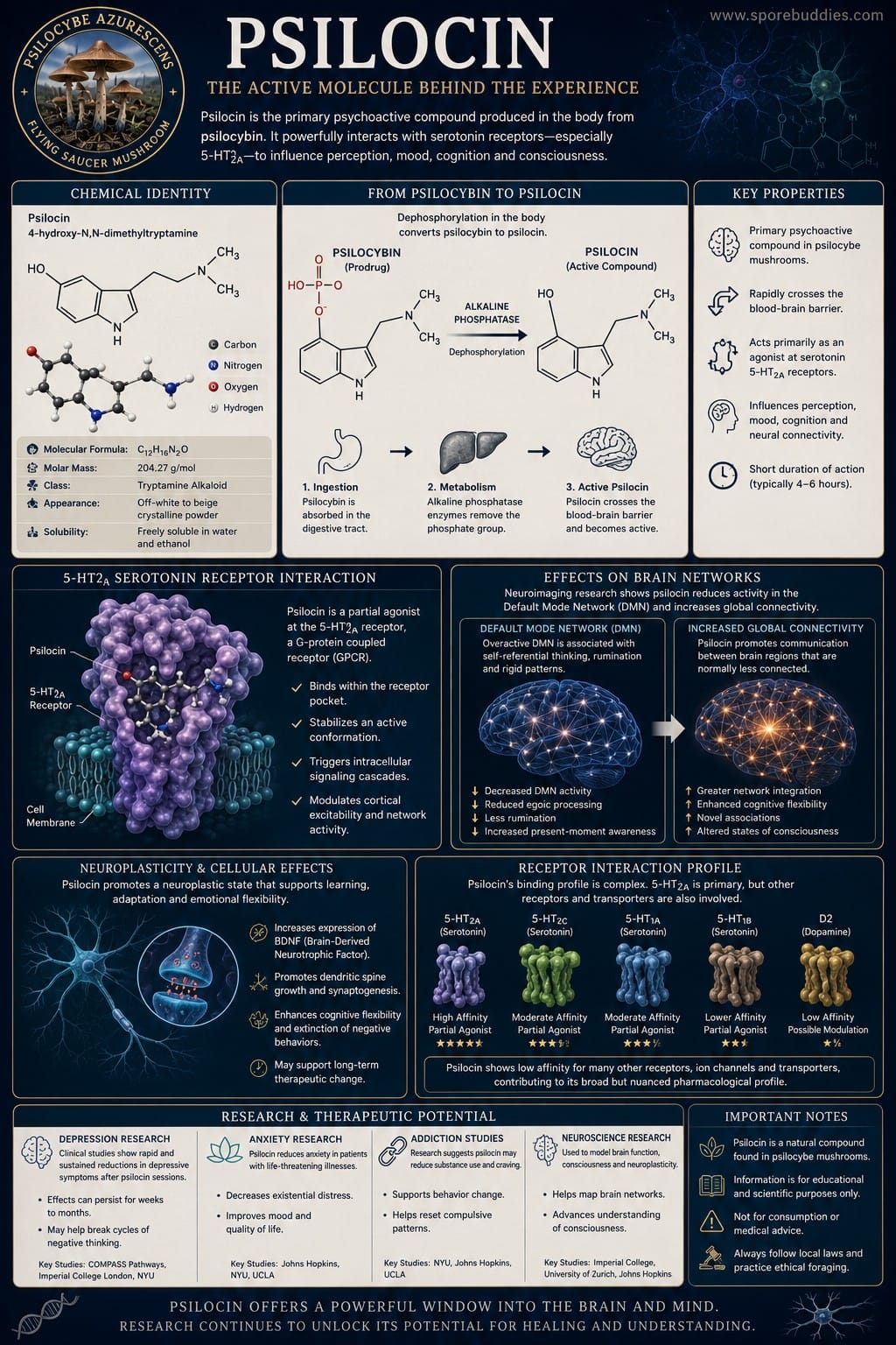 Psilocin Molecule Explained and Serotonin Receptor Research Premium neuroscience infographic explaining psilocin, serotonin receptor interaction, brain network research and neuroplasticity concepts.