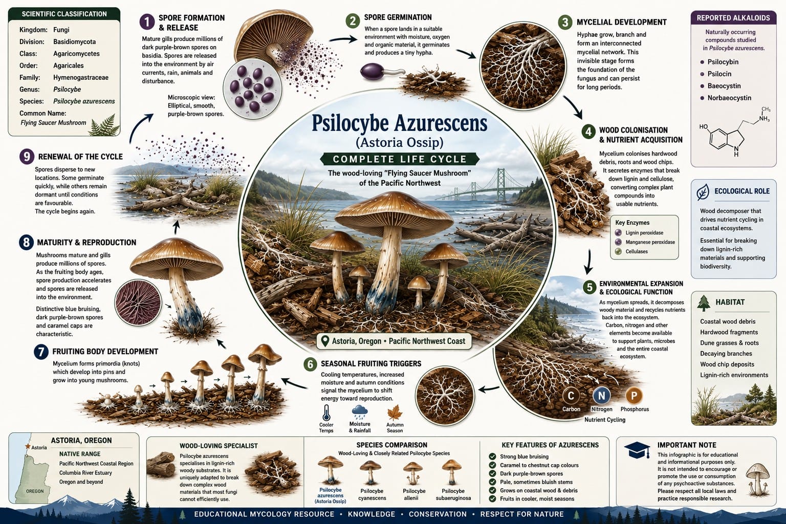 Complete Psilocybe azurescens Astoria Ossip life cycle showing spore formation, germination, mycelial growth, wood colonisation, fruiting bodies and spore dispersal