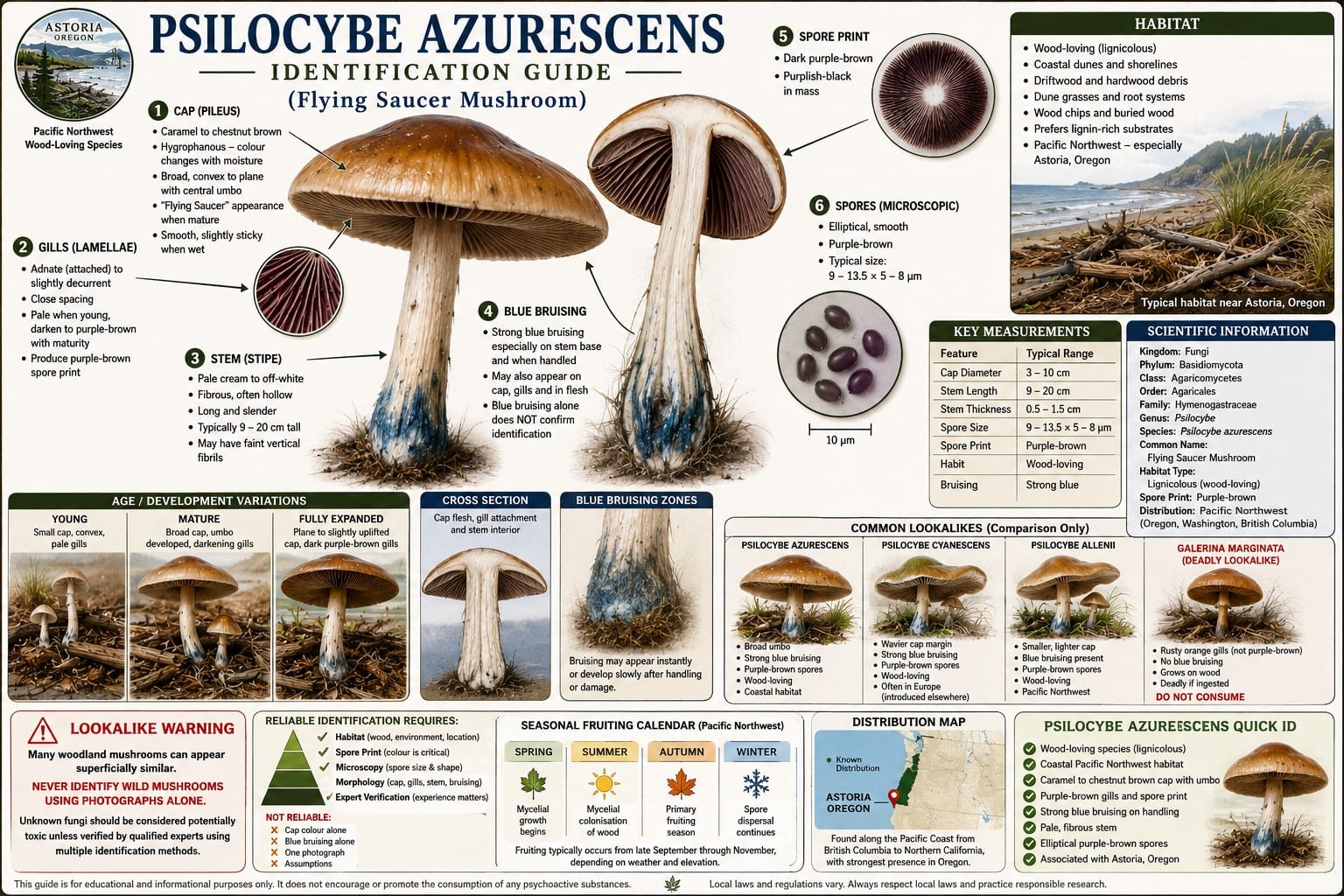 Psilocybe azurescens identification guide showing cap shape, gills, stem, blue bruising, spore print, microscopy features and coastal wood-loving habitat