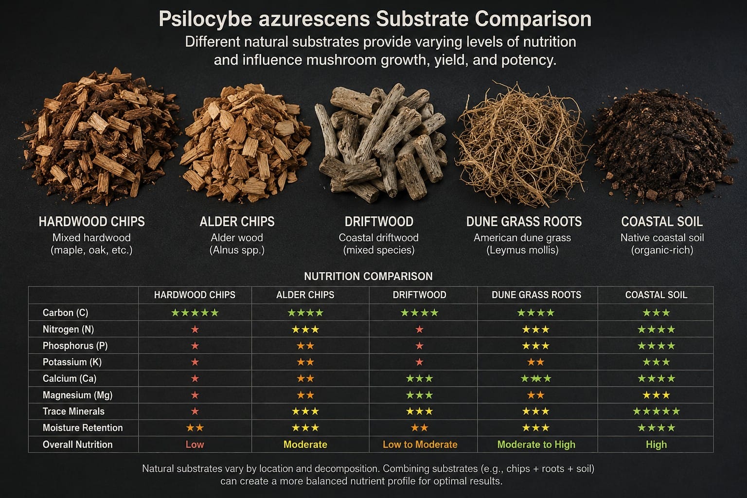 Hardwood substrate and coastal wood debris associated with Psilocybe azurescens ecology