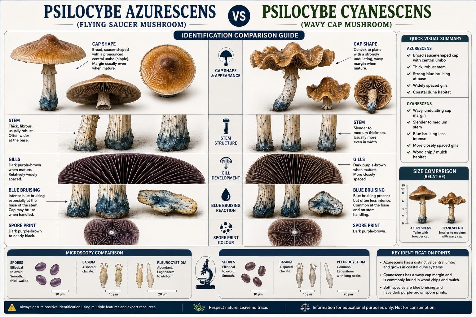 Psilocybe azurescens and Psilocybe cyanescens identification comparison showing cap shape stem gills bruising and spore print.