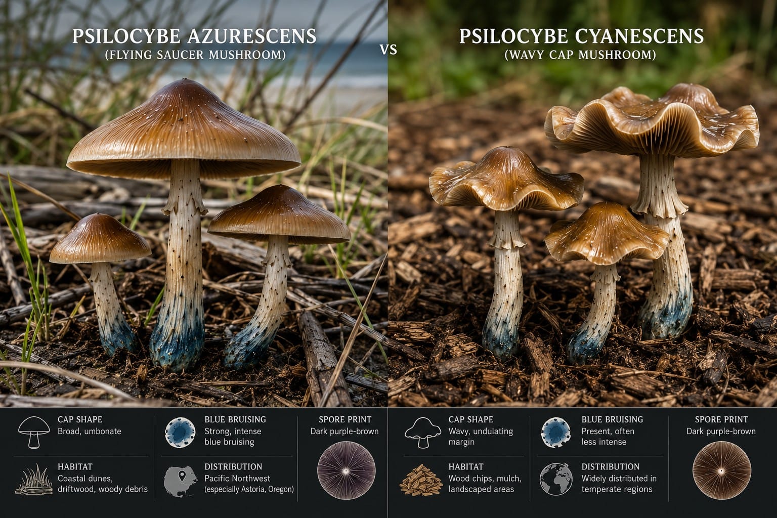 Side by side comparison of Psilocybe azurescens Flying Saucer Mushroom and Psilocybe cyanescens Wavy Cap Mushroom.