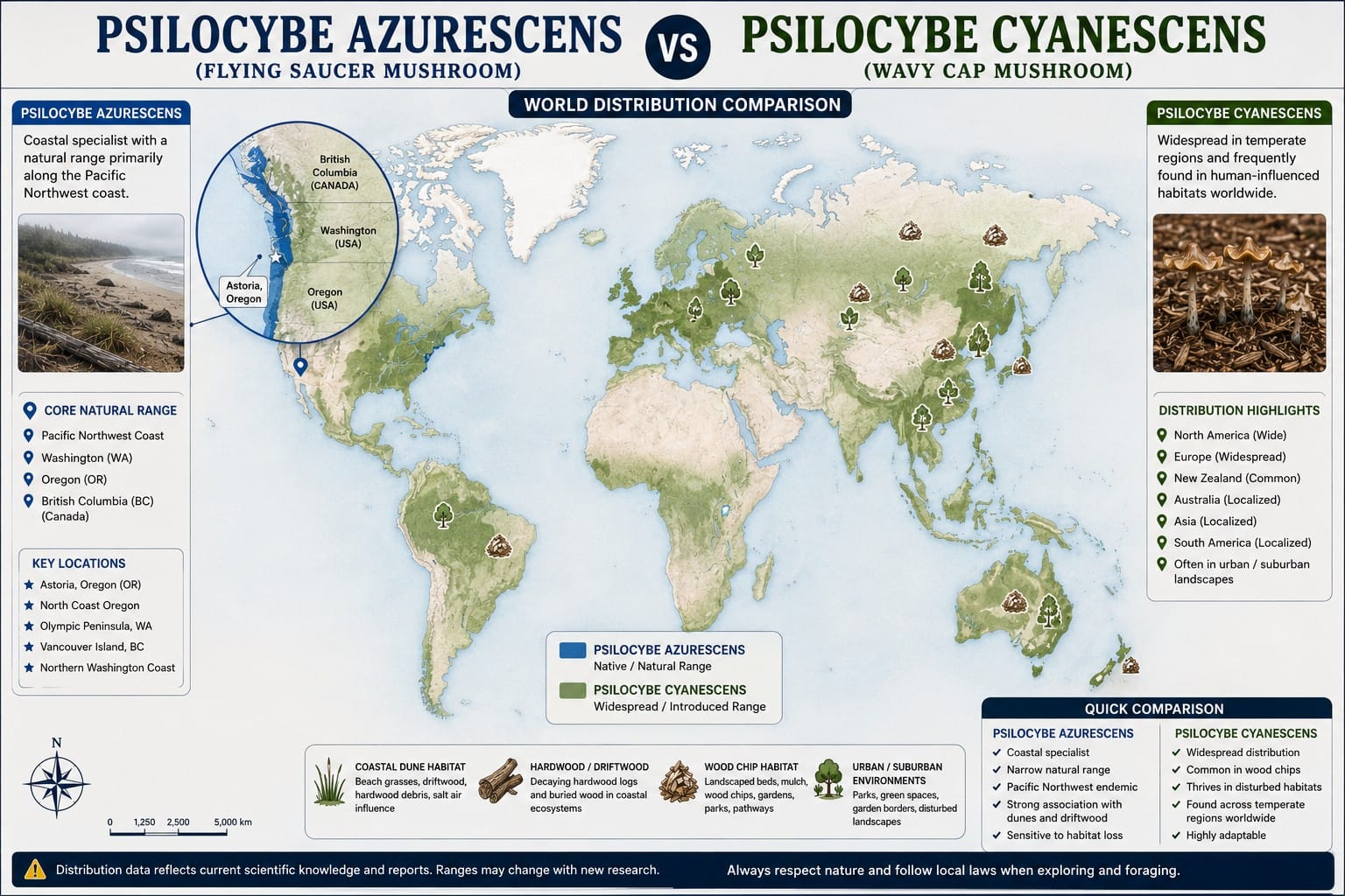 World distribution map comparing Psilocybe azurescens and Psilocybe cyanescens locations and habitat regions.